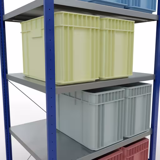 Grundregal, Fachbodenregal Stecksystem MULTIplus250, 2000 x 1000 x 800 mm (HxBxT), 5 Fachböden, Kreuzstrebe, RAL 5010 enzianblau/verzinkt mit der GTIN 4004514284037 Grundregal, Fachbodenregal Stecksystem MULTIplus250, 2000 x 1000 x 800 mm (HxBxT), 5 Fachböden, Kreuzstrebe, RAL 5010 enzianblau/verzinkt von Schulte Lagertechnik mit der Artikelnr. 12980-B