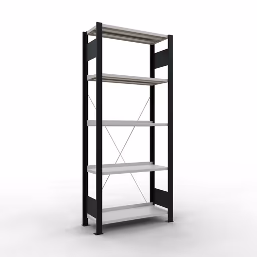 Grundregal, Büro-Fachbodenregal Stecksystem MULTIplus85, 1800 x 750 x 300 mm (HxBxT), 5 Fachböden, Kreuzstrebe, mit Anschlagleiste, schwarz/lichtgrau aus der Kategorie Stecksystem mit der Artikelnummer 36000-S