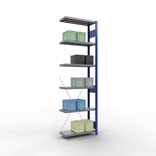 Produktbild Nr 12 des Artikels Anbauregal, Fachbodenregal Stecksystem MULTIplus250, 2500 x 750 x 300 mm (HxBxT), 6 Fachböden, Kreuzstrebe, RAL 5010 enzianblau/verzinkt/verzinkt Abbildung Nr 12 des Artikels Anbauregal, Fachbodenregal Stecksystem MULTIplus250, 2500 x 750 x 300 mm (HxBxT), 6 Fachböden, Kreuzstrebe, RAL 5010 enzianblau/verzinkt/verzinkt aus der Produktgruppe Stecksystem von der Marke Schulte Lagertechnik