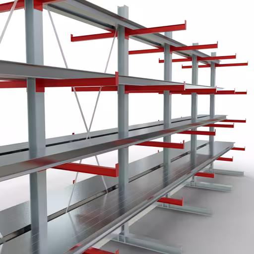Abbildung Nr 12 des Artikels K 6000 Komplettregal, doppelseitig, 3000 x 2x 7500 x 2x 750 mm, RAL 7001 / RAL 3000, 5 Lagerebenen aus der Produktgruppe Kragarmregale von der Marke Schulte Lagertechnik