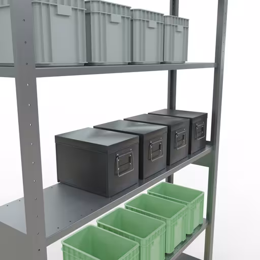 Grundregal, Fachbodenregal Stecksystem MULTIplus150, 2500 x 1300 x 300 mm (HxBxT), 6 Fachböden, Längenriegel, verzinkt aus der Kategorie Grundregal mit der GTIN 4004514279507 Grundregal, Fachbodenregal Stecksystem MULTIplus150, 2500 x 1300 x 300 mm (HxBxT), 6 Fachböden, Längenriegel, verzinkt von der Marke Schulte Lagertechnik aus der Produktreihe Stecksystem