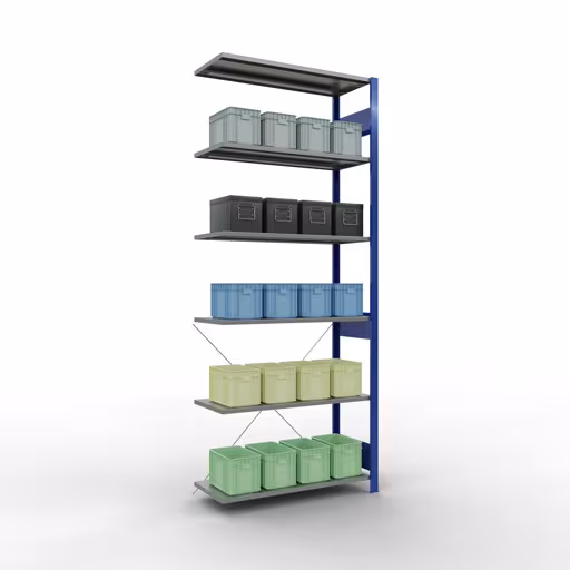 Anbauregal, Fachbodenregal Stecksystem MULTIplus85, 2500 x 1000 x 400 mm (HxBxT), 6 Fachböden, Kreuzstrebe, RAL 5010 enzianblau aus der Kategorie Anbauregal mit der GTIN 4004514284815 Anbauregal, Fachbodenregal Stecksystem MULTIplus85, 2500 x 1000 x 400 mm (HxBxT), 6 Fachböden, Kreuzstrebe, RAL 5010 enzianblau von der Marke Schulte Lagertechnik aus der Produktreihe Stecksystem