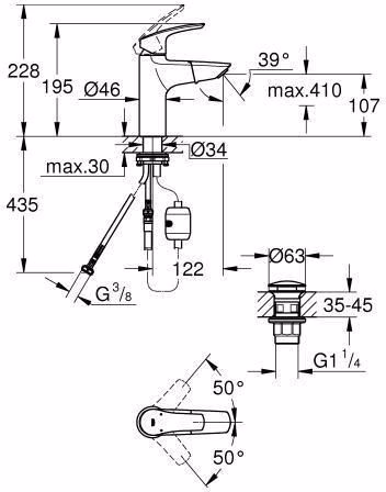 Technische Zeichnung 4029460 GROHE Einhand-Waschtischbatterie Eurosmart 23976_3 M-Size ausziehbarer Auslauf Push-Open Ablaufgarnitur chrom