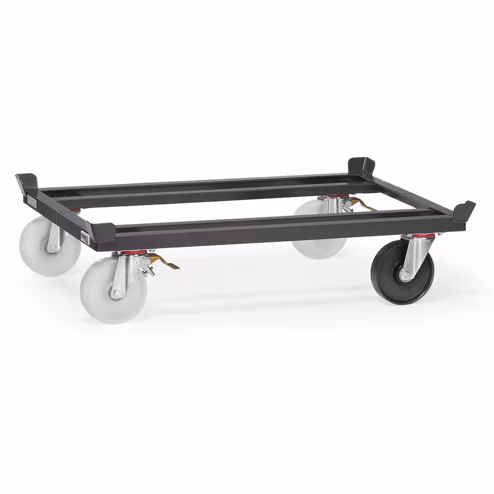 Paletten-Fahrgestell Trolley 7016 Robuste Winkelstahl-Schweißkonstruktion, mit 4 Fangecken, Pulverbeschichtet anthrazitgrau RAL 7016, 3 Lenkrollen von der Marke Fetra aus der Kategorie Paletten-Fahrgestelle