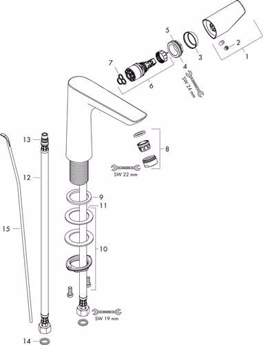 Technische Zeichnung 4062335 Hansgrohe Einhebel-Waschtischmischer TALIS E 150 Nennweite 15 mit Ablaufgarnitur G 1 1/4 Zoll chrom