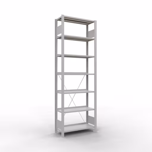 Grundregal, Büro-Fachbodenregal Stecksystem MULTIplus85, 2300 x 750 x 300 mm (HxBxT), 7 Fachböden, Kreuzstrebe, mit Anschlagleiste, lichtgrau aus der Kategorie Stecksystem mit der Artikelnummer 36012