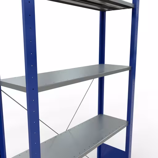 Abbildung Nr 9 des Artikels Grundregal, Fachbodenregal Stecksystem MULTIplus85, 2000 x 1000 x 300 mm (HxBxT), 5 Fachböden, Kreuzstrebe, RAL 5010 enzianblau aus der Produktgruppe Stecksystem von der Marke Schulte Lagertechnik