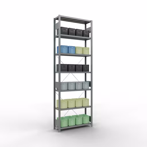 Abbildung Nr 15 des Artikels Grundregal, Fachbodenregal Stecksystem MULTIplus330, 3000 x 1000 x 300 mm (HxBxT), 7 Fachböden, Kreuzstrebe, verzinkt aus der Produktgruppe Stecksystem von der Marke Schulte Lagertechnik