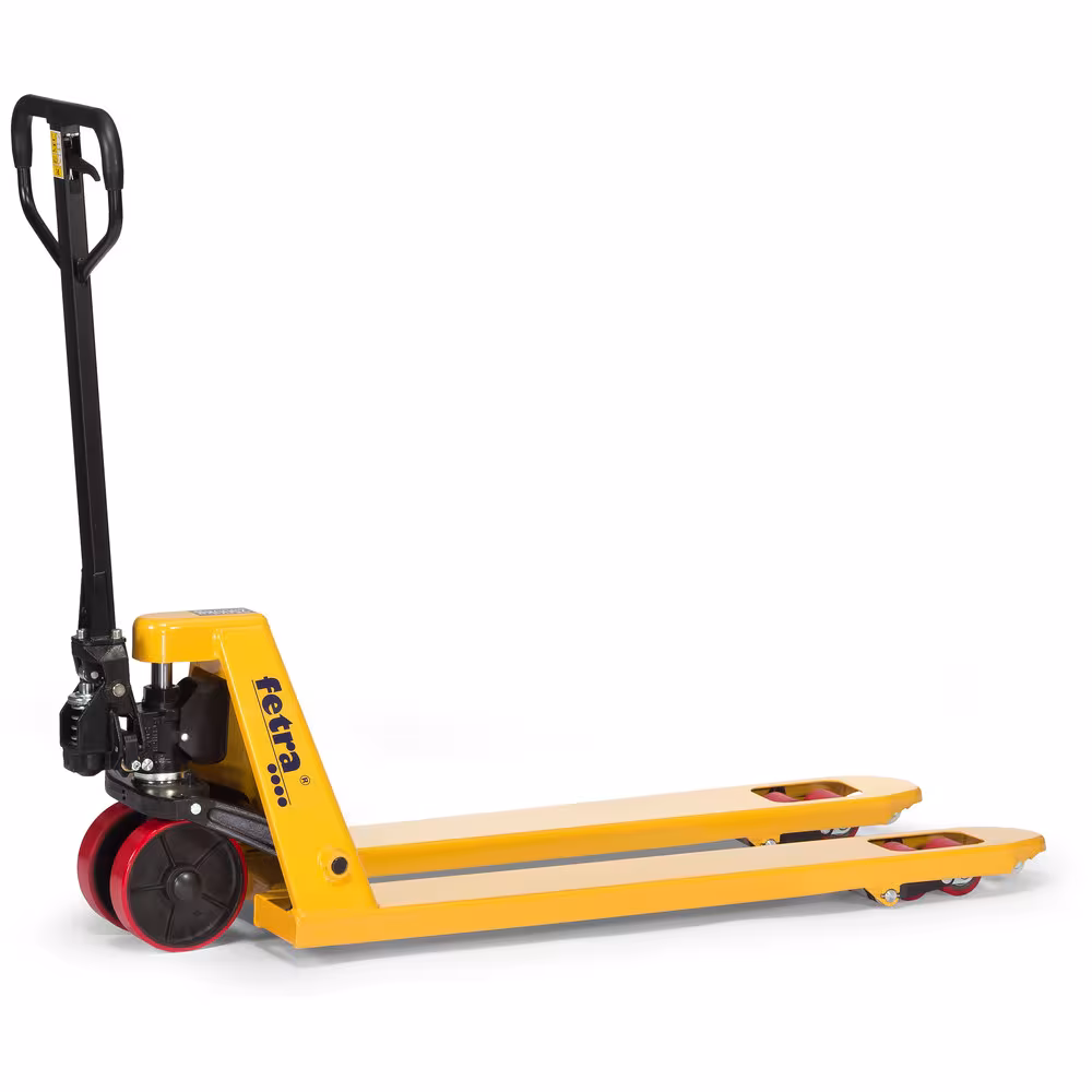 Gabelhubwagen 2117 - 2,5 Tonnen Rahmen und Gabeln in verwindungsfreier Schalenbauweise, gelb, Hydraulische Handpumpe wartungsfrei gelagert von Fetra mit der Artikelnr. 2117
