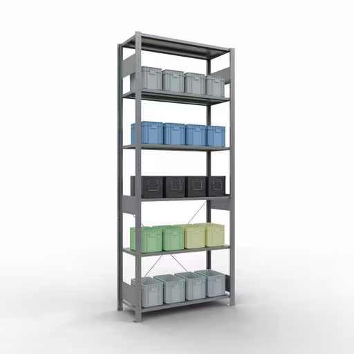 Produktbild Nr 12 des Artikels Grundregal, Fachbodenregal Stecksystem MULTIplus150, 2500 x 1000 x 400 mm (HxBxT), 6 Fachböden, Kreuzstrebe, verzinkt Abbildung Nr 12 des Artikels Grundregal, Fachbodenregal Stecksystem MULTIplus150, 2500 x 1000 x 400 mm (HxBxT), 6 Fachböden, Kreuzstrebe, verzinkt aus der Produktgruppe Stecksystem von der Marke Schulte Lagertechnik