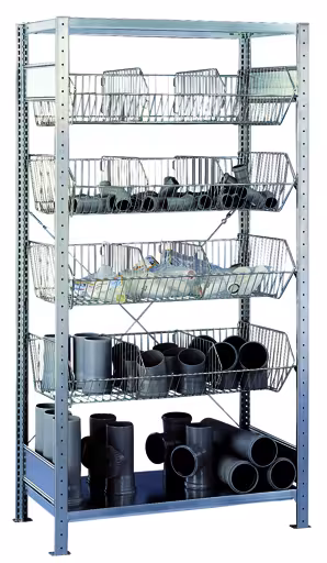 Grundregal, Drahtgitterkorbregal MULTIplus150, 2000 x 1000 x 500 mm (HxBxT), verzinkt, 2 Fachböden, 4 Stück Drahtgitterkörbe von der Marke Schulte Lagertechnik Grundregal, Drahtgitterkorbregal MULTIplus150, 2000 x 1000 x 500 mm (HxBxT), verzinkt, 2 Fachböden, 4 Stück Drahtgitterkörbe aus der Kategorie Kleinteilelagerung mit der Artikelnummer 13672