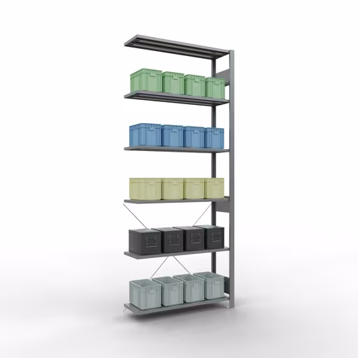 Produktbild Nr 13 des Artikels Anbauregal, Fachbodenregal Stecksystem MULTIplus150, 2500 x 1000 x 300 mm (HxBxT), 6 Fachböden, Kreuzstrebe, verzinkt Abbildung Nr 13 des Artikels Anbauregal, Fachbodenregal Stecksystem MULTIplus150, 2500 x 1000 x 300 mm (HxBxT), 6 Fachböden, Kreuzstrebe, verzinkt aus der Produktgruppe Stecksystem von der Marke Schulte Lagertechnik