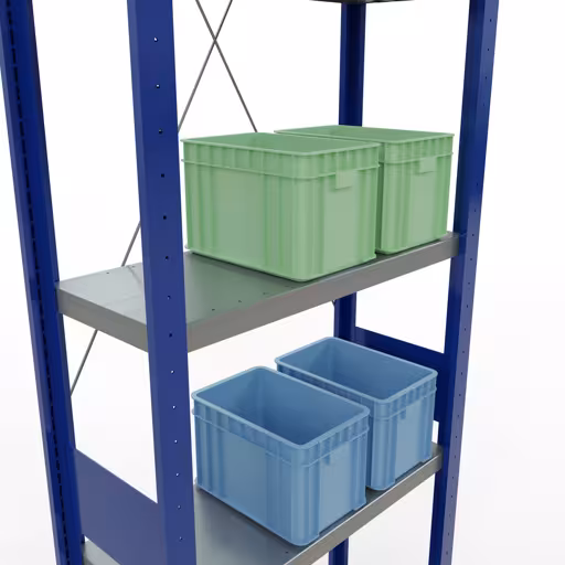 Produktbild Nr 14 des Artikels Grundregal, Fachbodenregal Stecksystem MULTIplus250, 3000 x 750 x 300 mm (HxBxT), 7 Fachböden, Kreuzstrebe, RAL 5010 enzianblau/verzinkt/verzinkt Abbildung Nr 14 des Artikels Grundregal, Fachbodenregal Stecksystem MULTIplus250, 3000 x 750 x 300 mm (HxBxT), 7 Fachböden, Kreuzstrebe, RAL 5010 enzianblau/verzinkt/verzinkt aus der Produktgruppe Stecksystem von der Marke Schulte Lagertechnik