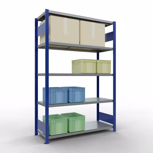 Grundregal, Fachbodenregal Stecksystem MULTIplus250, 2000 x 1300 x 500 mm (HxBxT), 5 Fachböden, Längenriegel, RAL 5010 enzianblau/verzinkt von der Marke Schulte Lagertechnik aus der Produktreihe Stecksystem