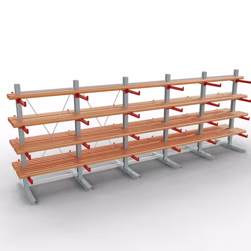 Abbildung Nr 10 des Artikels K 3000 Komplettregal, doppelseitig, 2500 x 6500 x 600 mm, RAL 7001 / RAL 3000, 5 Lagerebenen aus der Produktgruppe Kragarmregale von der Marke Schulte Lagertechnik