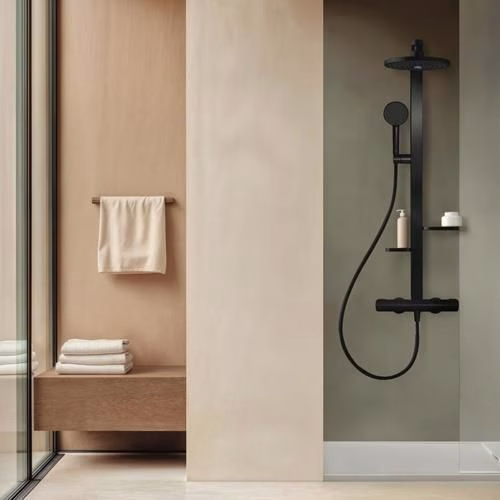 Detailbild 4010472 Ideal Standard CerathermAlu+ douchesysteem met douchethermostaat, 2 planchetten, handdouche met 2 functies en hoofddouche met 2 functies Silk Black
