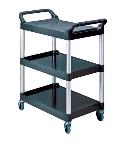 Chariot de table à 3 étagères, L 560 x l 450 mm, noir/argent, charge maximale 90 kg, structure en aluminium/étagères en PP, marque RUBBERMAID Chariot de table à 3 étagères, L560 x l450 mm, noir/argent, capacité de charge 90 kg, structure en aluminium/étagères en PP, RUBBERMAID, de la catégorie des chariots de table, référence 9000444090