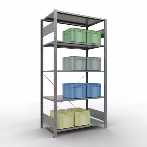 Grundregal, Fachbodenregal Stecksystem MULTIplus150, 2000 x 1000 x 600 mm (HxBxT), 5 Fachböden, Kreuzstrebe, verzinkt - Expressline mit der Artikelnr. 12760-K Grundregal, Fachbodenregal Stecksystem MULTIplus150, 2000 x 1000 x 600 mm (HxBxT), 5 Fachböden, Kreuzstrebe, verzinkt - Expressline von Schulte Lagertechnik aus der Kategorie Stecksystem