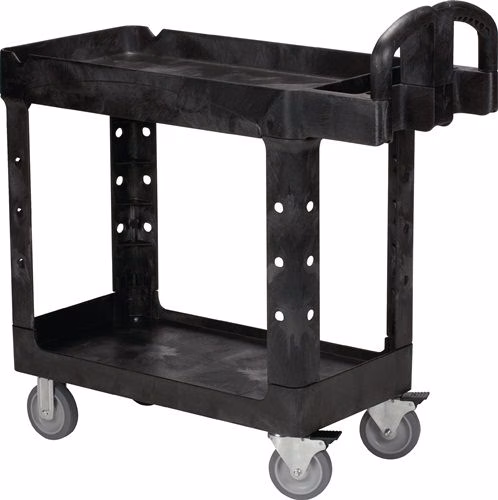 Chariot de table à 2 plateaux de chargement, L 770 x l 420 mm, noir, capacité de charge 226 kg, châssis/plateaux de chargement en polypropylène, marque RUBBERMAID Chariot de table à 2 plateaux de chargement, L 770 x l 420 mm, noir, capacité de charge 226 kg, montants/plateaux de chargement en polypropylène (PP), référence 9000444082
