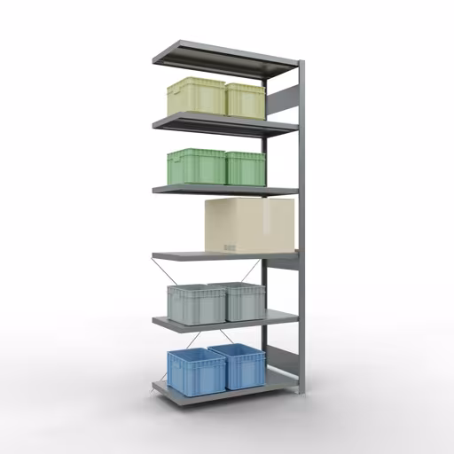 Zusatzbild des Artikels Anbauregal, Fachbodenregal Stecksystem MULTIplus250, 2500 x 1000 x 500 mm (HxBxT), 6 Fachböden, Kreuzstrebe, verzinkt aus Anbauregal