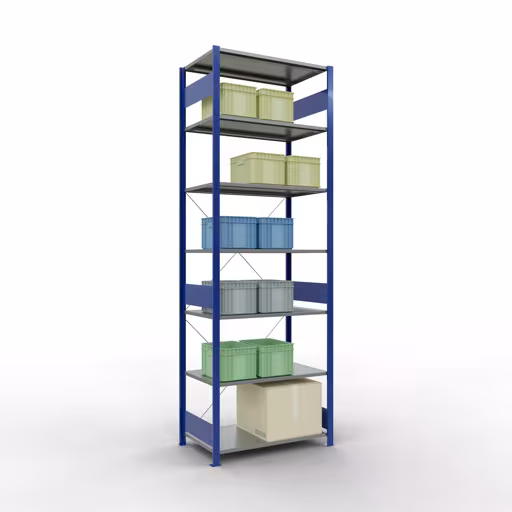 Grundregal, Fachbodenregal Stecksystem MULTIplus85, 3000 x 1000 x 600 mm (HxBxT), 7 Fachböden, Kreuzstrebe, RAL 5010 enzianblau von der Marke Schulte Lagertechnik aus der Produktreihe Stecksystem