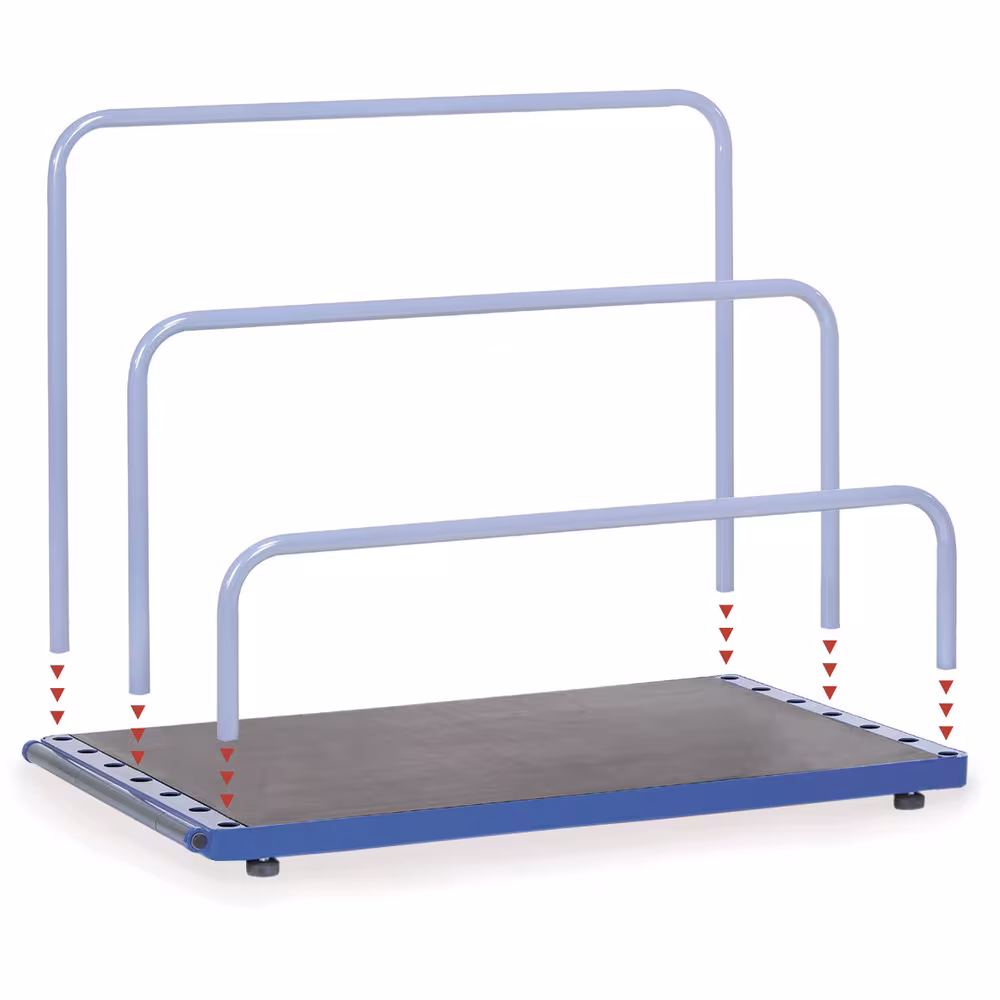 Produktgruppe Plattenständer - ohne Bügel Profilstahl und Stahlrohr geschweißt, pulverbeschichtet, Holzplattform, 7 Verstellmöglichkeiten für Einsteckbügel Plattenständer 4363 - ohne Bügel Länge 1200 mm, Breite 800 mm von der Marke Fetra aus der Kategorie Transportsysteme