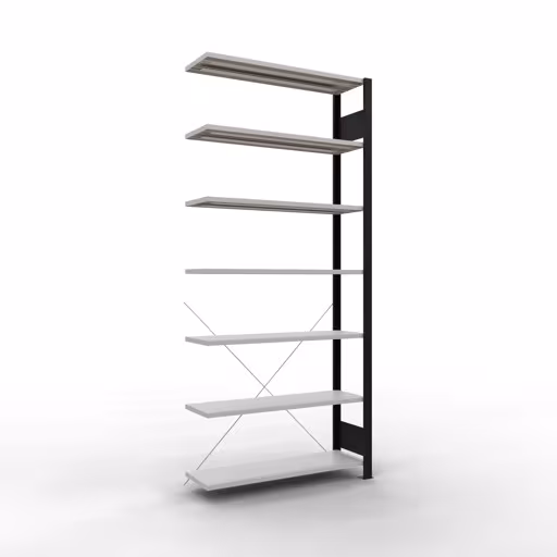 Anbauregal, Büro-Fachbodenregal Stecksystem MULTIplus85, 2300 x 1000 x 300 mm (HxBxT), 7 Fachböden, Kreuzstrebe, ohne Anschlagleiste, schwarz/lichtgrau aus der Kategorie Stecksystem mit der Artikelnummer 36034-S