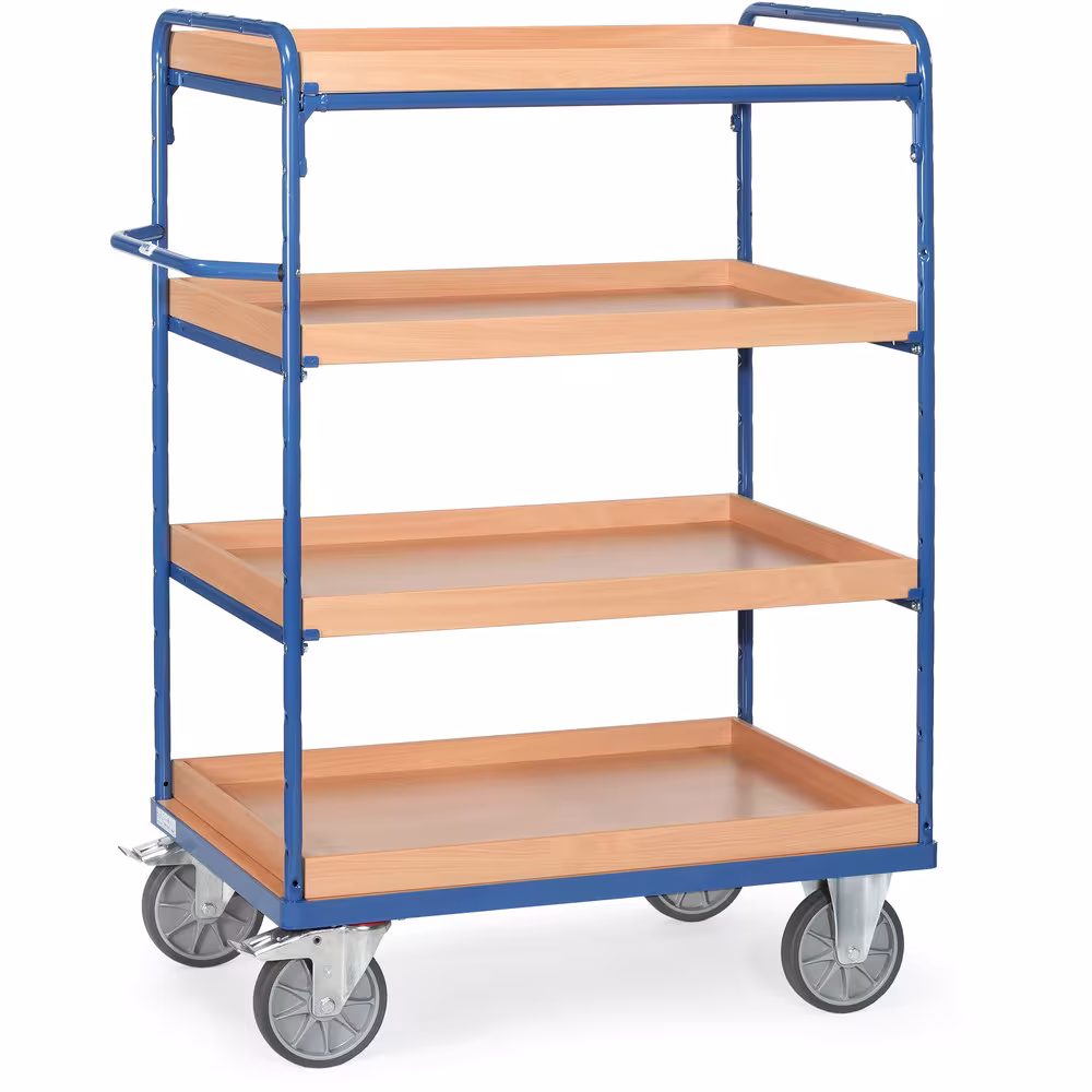 Etagenwagen offen 4 Kästen pulverbeschichtet blau RAL 5007, Schraubkonstruktion. Stirnwände offen, 1 fester und 3 Einlegekästen aus Holzwerkstoffplatten aus der Kategorie Etagenwagen