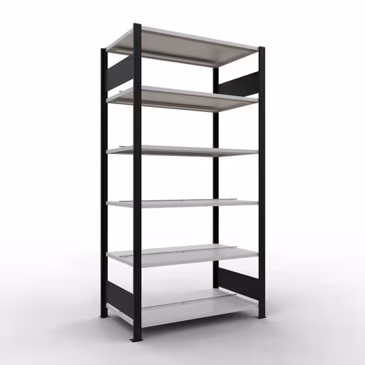Grundregal, Büro-Fachbodenregal Stecksystem MULTIplus150, 2000 x 1000 x 600 mm (HxBxT), 6 Fachböden, Längenriegel, mit Mittelanschlag, schwarz/lichtgrau aus der Kategorie Stecksystem mit der Artikelnummer 36043-S
