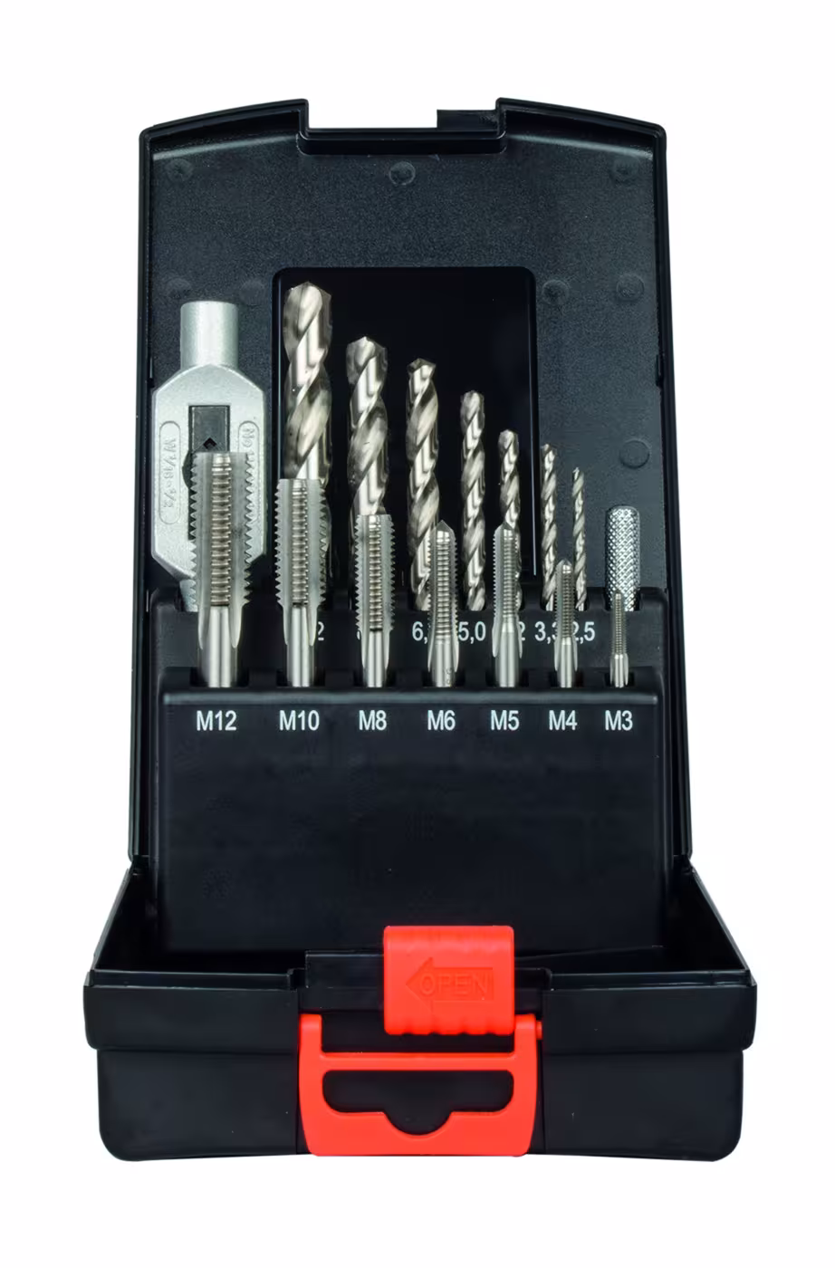 Einschnitt Gewinde Bohrzeugsatz HSS-G 15tlg M3-M12 in Kunststoffkassette von der Marke PROJAHN Einschnitt Gewinde Bohrzeugsatz HSS-G 15tlg M3-M12 in Kunststoffkassette aus der Kategorie Gewindeschneidwerkzeuge mit der Artikelnummer 910135