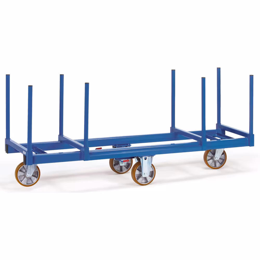 Langmaterial-Wagen 2111 - 1.500 kg mit einsteckbaren Stahlrohr-Rungen, 2 Materialmulden, pulverbeschichtet blau RAL 5007 von der Marke Fetra aus der Produktreihe Transportsysteme