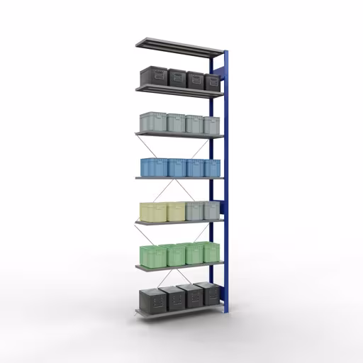 Zusatzbild des Artikels Anbauregal, Fachbodenregal Stecksystem MULTIplus150, 3000 x 1000 x 300 mm (HxBxT), 7 Fachböden, Kreuzstrebe, RAL 5010/verzinkt Zusatzbild des Artikels Anbauregal, Fachbodenregal Stecksystem MULTIplus150, 3000 x 1000 x 300 mm (HxBxT), 7 Fachböden, Kreuzstrebe, RAL 5010/verzinkt aus Anbauregal