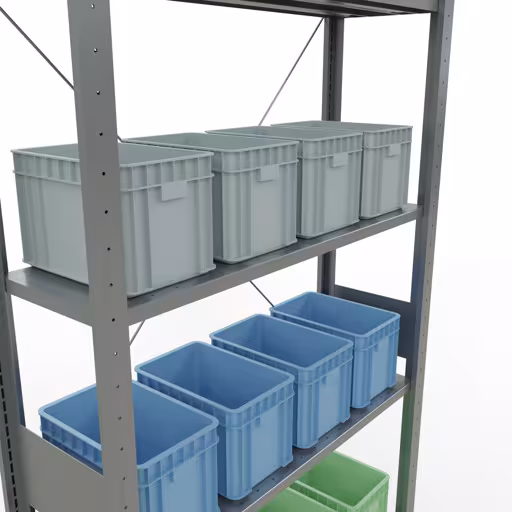 Produktbild Nr 13 des Artikels Grundregal, Fachbodenregal Stecksystem MULTIplus85, 3000 x 1000 x 300 mm (HxBxT), 7 Fachböden, Kreuzstrebe, verzinkt Abbildung Nr 13 des Artikels Grundregal, Fachbodenregal Stecksystem MULTIplus85, 3000 x 1000 x 300 mm (HxBxT), 7 Fachböden, Kreuzstrebe, verzinkt aus der Produktgruppe Stecksystem von der Marke Schulte Lagertechnik