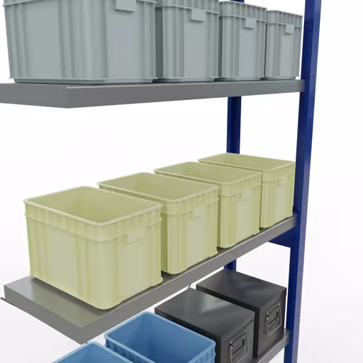 Andere Ansicht des Artikels Anbauregal, Fachbodenregal Stecksystem MULTIplus250, 2500 x 1000 x 300 mm (HxBxT), 6 Fachböden, Kreuzstrebe, RAL 5010 enzianblau/verzinkt Andere Ansicht des Artikels Anbauregal, Fachbodenregal Stecksystem MULTIplus250, 2500 x 1000 x 300 mm (HxBxT), 6 Fachböden, Kreuzstrebe, RAL 5010 enzianblau/verzinkt aus der Kategorie Stecksystem