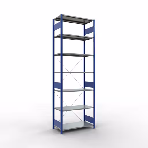 Abbildung Nr 11 des Artikels Grundregal, Fachbodenregal Stecksystem MULTIplus85, 3000 x 1000 x 500 mm (HxBxT), 7 Fachböden, Kreuzstrebe, RAL 5010 enzianblau aus der Produktgruppe Stecksystem von der Marke Schulte Lagertechnik