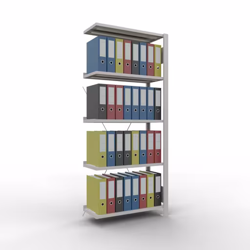 Abbildung Nr 9 des Artikels Anbauregal, Büro-Fachbodenregal Stecksystem MULTIplus85, 1800 x 750 x 300 mm (HxBxT), 5 Fachböden, Kreuzstrebe, mit Anschlagleiste, lichtgrau aus der Produktgruppe Büroregale von der Marke Schulte Lagertechnik
