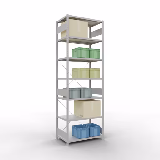 Abbildung Nr 8 des Artikels Grundregal, Fachbodenregal Stecksystem MULTIplus330, 3000 x 1000 x 600 mm (HxBxT), 7 Fachböden, Kreuzstrebe, RAL 7035 lichtgrau aus der Produktgruppe Stecksystem von der Marke Schulte Lagertechnik
