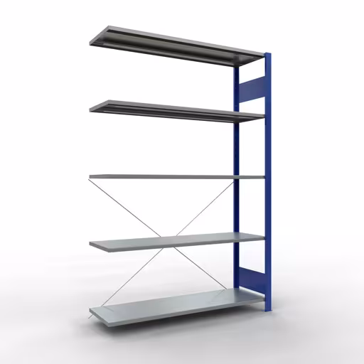 Produktbild Nr.15 des Artikels Anbauregal, Fachbodenregal Stecksystem MULTIplus150, 2000 x 1300 x 400 mm (HxBxT), 5 Fachböden, Kreuzstrebe, RAL 5010 enzianblau/verzinkt aus der Produktreihe Stecksystem von der Marke Schulte Lagertechnik