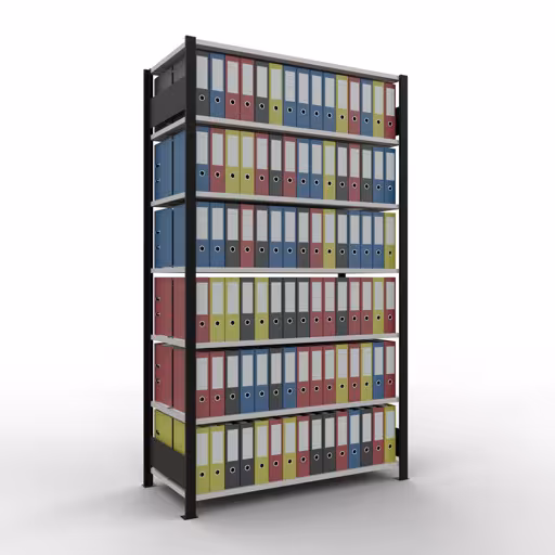 Produktbild Nr 14 des Artikels Grundregal, Büro-Fachbodenregal Stecksystem MULTIplus150, 2300 x 1300 x 600 mm (HxBxT), 7 Fachböden, Längenriegel, mit Mittelanschlag, schwarz/lichtgrau Abbildung Nr 14 des Artikels Grundregal, Büro-Fachbodenregal Stecksystem MULTIplus150, 2300 x 1300 x 600 mm (HxBxT), 7 Fachböden, Längenriegel, mit Mittelanschlag, schwarz/lichtgrau aus der Produktgruppe Büroregale von der Marke Schulte Lagertechnik