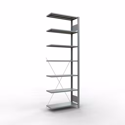 Anbauregal, Büro-Fachbodenregal Stecksystem MULTIplus85, 2300 x 750 x 300 mm (HxBxT), 7 Fachböden, Kreuzstrebe, verzinkt, ohne Anschlagleiste aus der Kategorie Stecksystem mit der Artikelnummer 17733