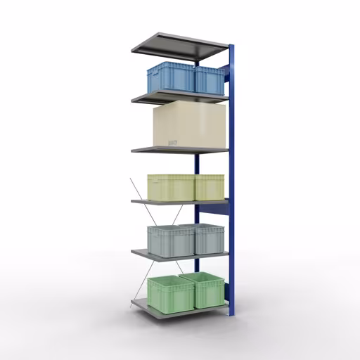 Anbauregal, Fachbodenregal Stecksystem MULTIplus150, 2500 x 750 x 600 mm (HxBxT), 6 Fachböden, Kreuzstrebe, RAL 5010 enzianblau/verzinkt/verzinkt mit der Artikelnr. 12766-75-B Anbauregal, Fachbodenregal Stecksystem MULTIplus150, 2500 x 750 x 600 mm (HxBxT), 6 Fachböden, Kreuzstrebe, RAL 5010 enzianblau/verzinkt/verzinkt von Schulte Lagertechnik aus der Kategorie Stecksystem