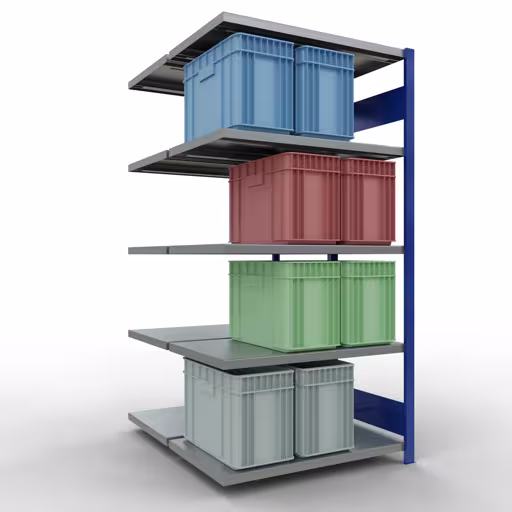 Zusatzbild des Artikels Anbauregal, Doppelregal, Fachbodenregal Stecksystem MULTIplus250, 2000 x 1000 x (2x600) mm (HxBxT), 2x5 Fachböden, Längenriegel, RAL 5010 enzianblau aus Doppelregale