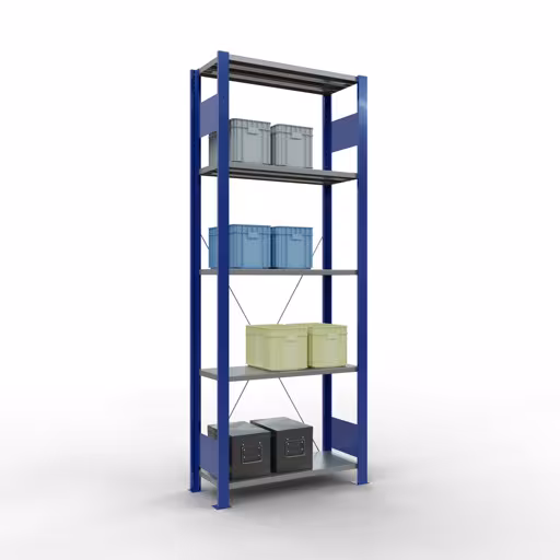 Produktbild Nr.11 des Artikels Grundregal, Fachbodenregal Stecksystem MULTIplus150, 2000 x 750 x 300 mm (HxBxT), 5 Fachböden, Kreuzstrebe, RAL 5010 enzianblau/verzinkt/verzinkt aus der Produktreihe Stecksystem von der Marke Schulte Lagertechnik