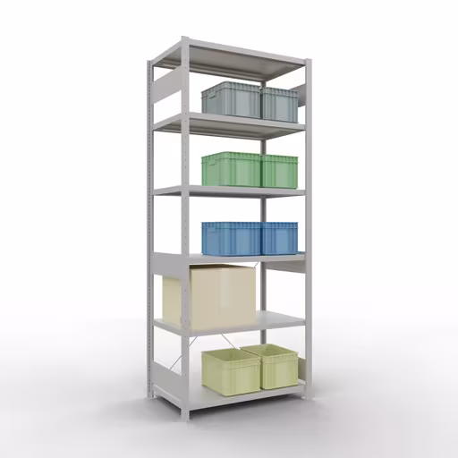 Abbildung Nr 15 des Artikels Grundregal, Fachbodenregal Stecksystem MULTIplus330, 2500 x 1000 x 600 mm (HxBxT), 6 Fachböden, Kreuzstrebe, RAL 7035 lichtgrau aus der Produktgruppe Stecksystem von der Marke Schulte Lagertechnik