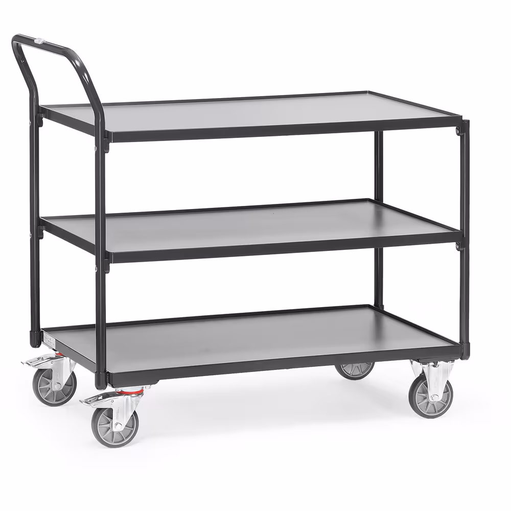 Tischwagen 2750-7016 Breite 500 mm, Länge 850 mm von der Marke Fetra Tischwagen 300 kg 3 Etagen 7016 aus Stahlrohr und Profilstahl geschweißt, pulverbeschichtet anthrazitgrau RAL 7016, 3 Böden aus Holzwerkstoffplatte Typ Ladeflächenbreite: 500 mm aus der Kategorie Tischwagen mit der Artikelnr. 2750-7016
