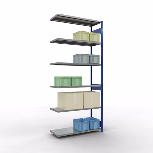 Abbildung Nr 12 des Artikels Anbauregal, Fachbodenregal Stecksystem MULTIplus250, 3000 x 1300 x 500 mm (HxBxT), 7 Fachböden, Längenriegel, RAL 5010 enzianblau/verzinkt aus der Produktgruppe Stecksystem von der Marke Schulte Lagertechnik