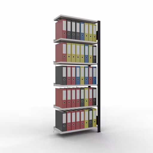 Produktbild Nr 12 des Artikels Anbauregal, Büro-Fachbodenregal Stecksystem MULTIplus85, 2000 x 750 x 300 mm (HxBxT), 6 Fachböden, Kreuzstrebe, mit Anschlagleiste, schwarz/lichtgrau Abbildung Nr 12 des Artikels Anbauregal, Büro-Fachbodenregal Stecksystem MULTIplus85, 2000 x 750 x 300 mm (HxBxT), 6 Fachböden, Kreuzstrebe, mit Anschlagleiste, schwarz/lichtgrau aus der Produktgruppe Büroregale von der Marke Schulte Lagertechnik