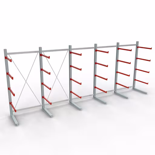 Abbildung Nr 11 des Artikels K 6000 Komplettregal, einseitig, 3000 x 7500 x 1000 mm, RAL 7001 / RAL 3000, 5 Lagerebenen aus der Produktgruppe Kragarmregale von der Marke Schulte Lagertechnik