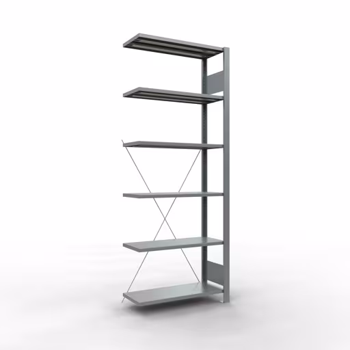 Anbauregal, Büro-Fachbodenregal Stecksystem MULTIplus85, 2000 x 750 x 300 mm (HxBxT), 6 Fachböden, Kreuzstrebe, verzinkt, ohne Anschlagleiste aus der Kategorie Stecksystem mit der Artikelnummer 17727