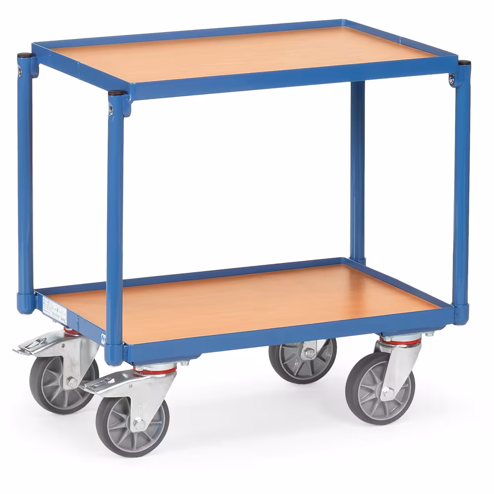 Etagenroller -2 Etagen mit Rand- Böden aus Holzwerkstoffplatte, Oberfläche Buchendekor, Rand 15 mm hoch, Pulverbeschichtet blau RAL 5007 aus der Kategorie Roller mit der Artikelnummer 13540
